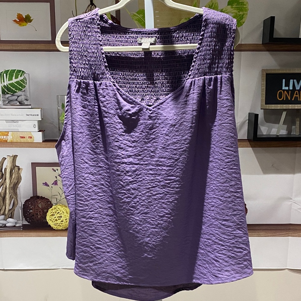 Falls Creek Purple Smocked Yoke V-Neck Sleeveless Top size 2X. Ptp is 27.